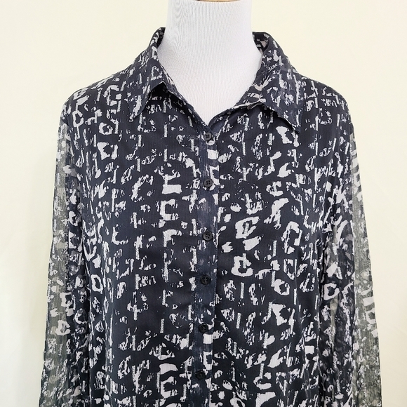 Astars sheer black leopard blouse metallic silver Long Sleeve Women's Large - Picture 3 of 7